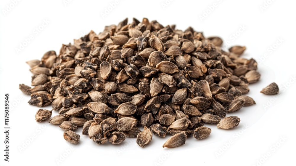 Heap of dark brown seeds on white background, for agriculture or gardening use. Heap of dark brown seeds on white background, for agriculture or gardening use.