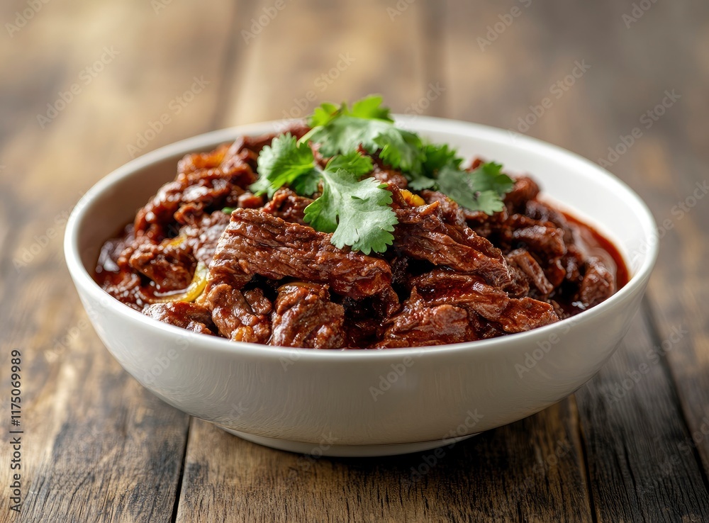 Beef bulgogi, Korean-style food in a white bowl on a wooden table background. Close-up photo of pulled beef with fried ginger and onion, sunflower oil, and green coriander leaves. With copy space. Beef bulgogi, Korean-style food in a white bowl on a wooden table background. Close-up photo of pulled beef with fried ginger and onion, sunflower oil, and green coriander leaves. With copy space.