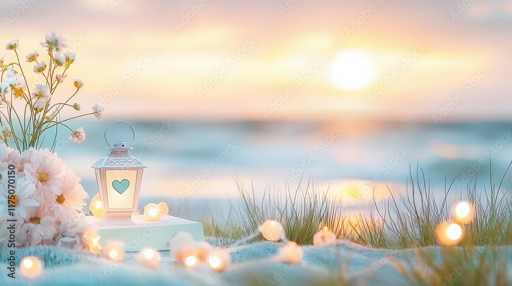 Sunset beach scene with lantern, flowers, and fairy lights