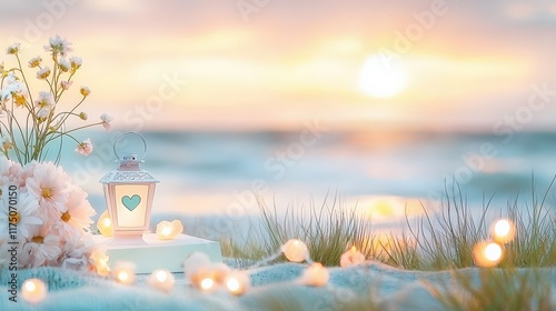 Obraz na płótnie Sunset beach scene with lantern, flowers, and fairy lights w salonie
