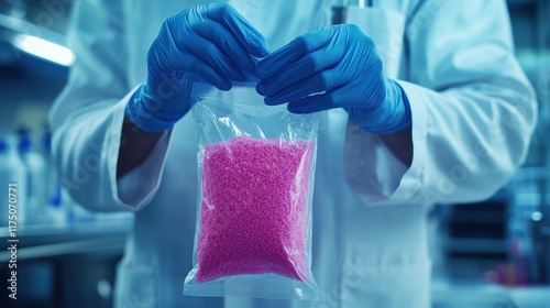 Scientist in gloves holds pink granular substance in a plastic bag. Illustrates scientific research, lab work, or pharmaceutical production.