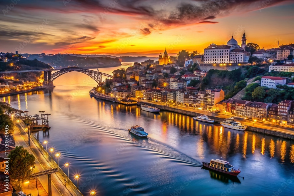 Obraz premium Porto Portugal Sunset Cityscape Douro River Rabelo Boats Dom Luís Bridge Night Photography