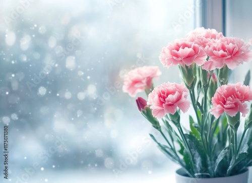 Wallpaper Mural blooming winter morning background with close-up of pink carnation flower, bouquet of red and white bicolored Christmas cactus flowers in the window on a soft, blurred background of nature Torontodigital.ca