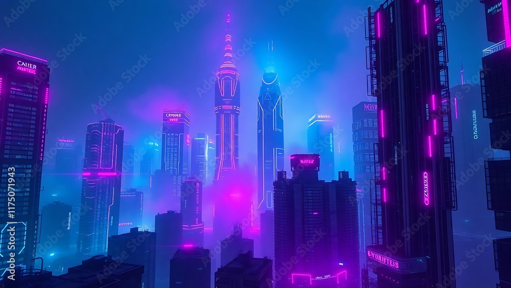 Fototapeta premium Cyberpunk Cityscape: Neon Glow and Futuristic Towers