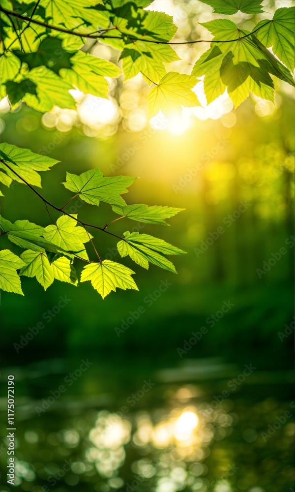 Obraz premium Bright green maple leaves illuminated by sunlight in a lush forest backdrop during early morning hours