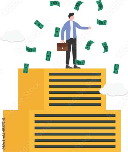 billionaire businessman at the top of skyscraper throwing his money. Business success concept.

