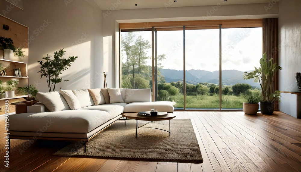 Fototapeta premium A low angle living room with a white sofa, wooden flooring, minimalist decor, and a large window offering a view of a serene landscape, generated with ai