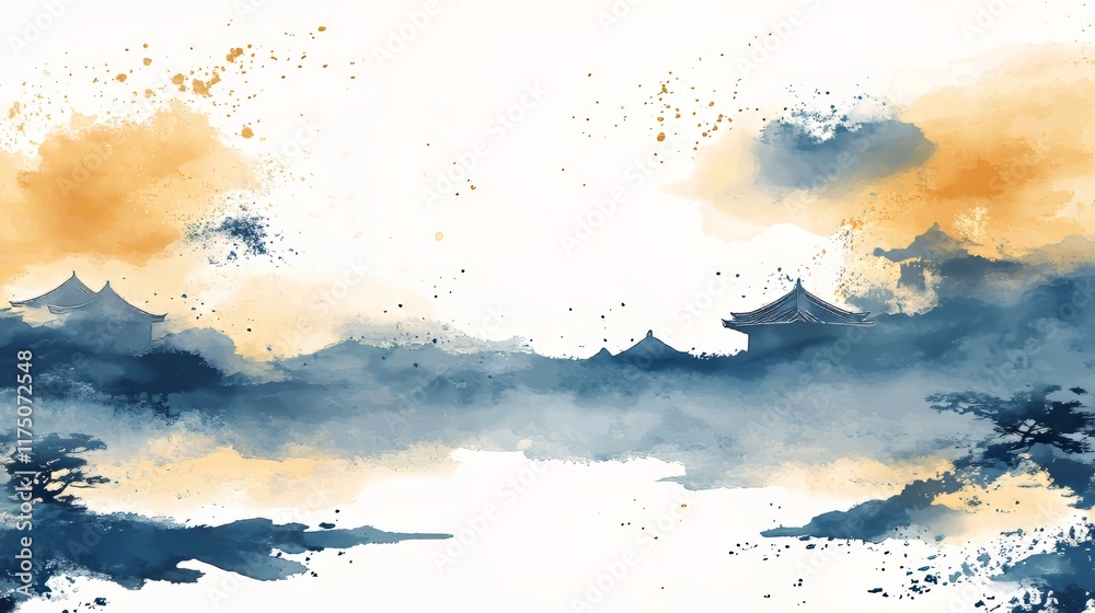 Obraz premium A serene watercolor landscape featuring traditional Eastern architecture.