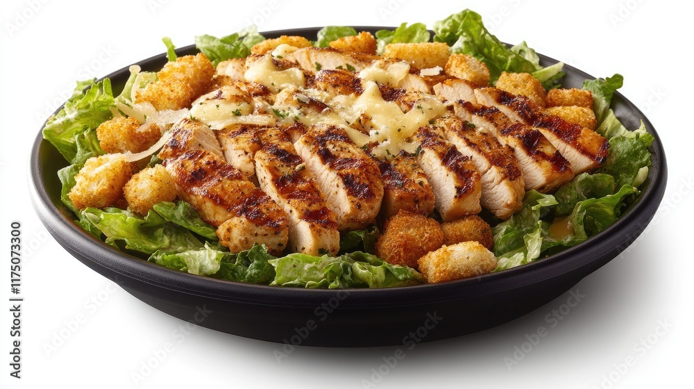 Fototapeta premium A crispy Caesar salad topped with grilled chicken, croutons, shaved Parmesan, and creamy dressing.