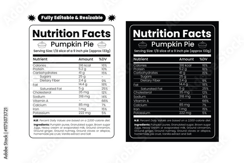 Pumpkin pie nutrition facts. Nutrition facts label and nutritional value of pumpkin pie. Editable and resizable templates of nutrition facts, supplement facts and vitamin facts.