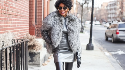 Stylish woman in silver leather dress and fur coat strolls city street.