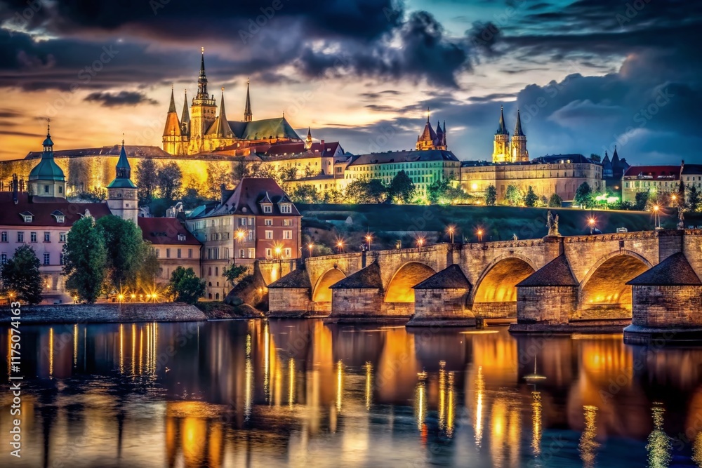 Fototapeta premium Prague Castle & Charles Bridge Night View - Vintage Photography