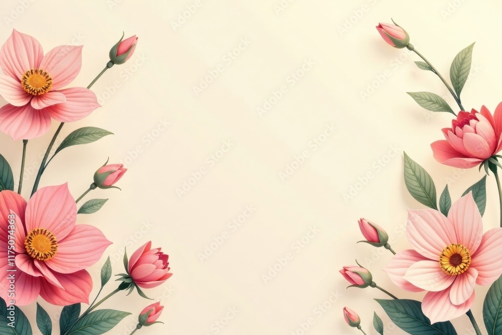 Fototapeta premium Elegant Pastel Pink Floral Border Design Featuring Delicate Blooms and Buds on a Soft Cream Background