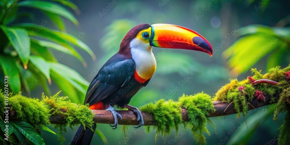 Fototapeta premium Rainforest photography captures a toucan's vivid colors, a breathtaking wildlife image of this exotic jungle bird.
