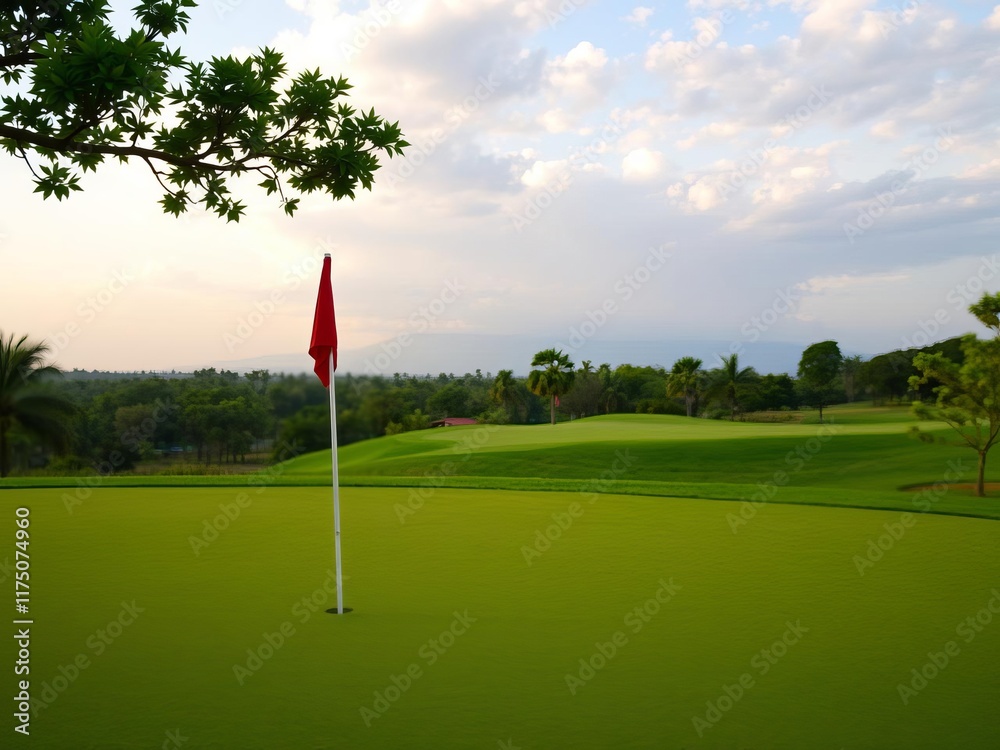 Obraz premium A scenic view of a perfectly manicured golf course with a bright red flag waving in the breeze, red flag, heaven, putting green