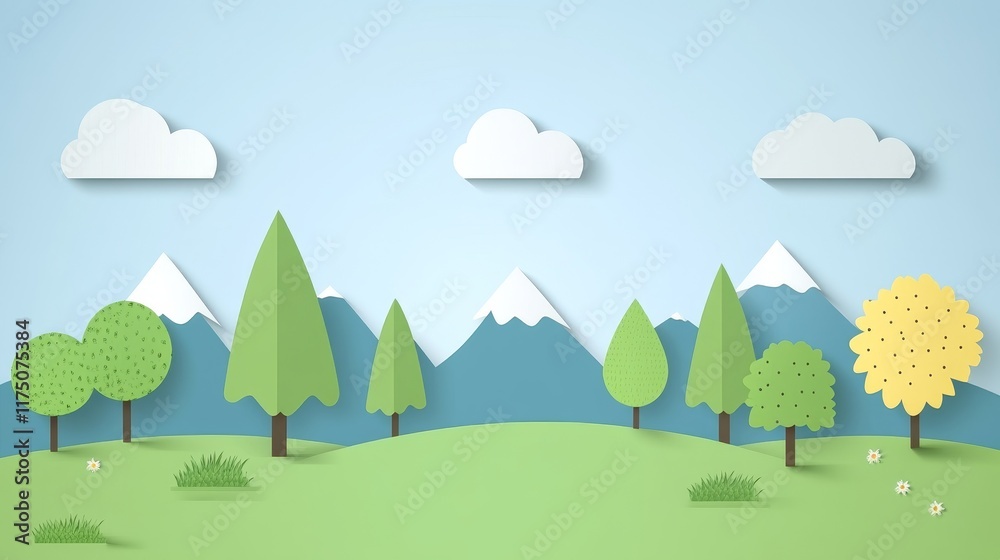 Papercraft landscape depicting a serene mountain range with trees and a sunny sky Papercraft landscape depicting a serene mountain range with trees and a sunny sky