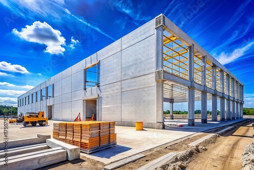 Prefab Concrete Warehouse Construction - Industrial Building Exterior, Left Copy Space