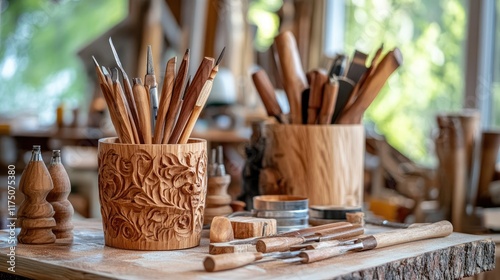 Carving tools arranged in wooden holders on a wood surface