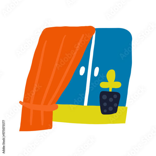 Living room interior objects set. Cute hand drawn doodle house furniture inside items, window, house plant, pot, curtains, windowsill. Modern flat apartment elements