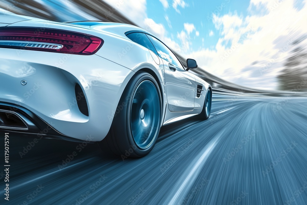 Naklejka premium White business car taking a sharp turn at high speed while blue car zooms on the highway