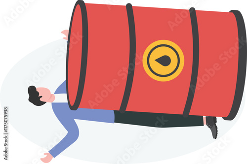 businessman has been crushed by oil barrel with falling graph. Financial and oil price crisis concept.

