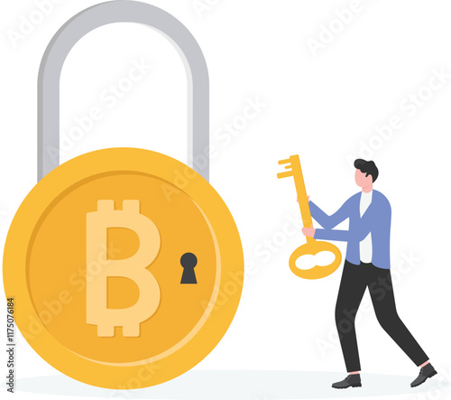 bitcoin Lock with Mnemonic Phrase Password. Bitcoin and Cryptocurrency Security Concept.
