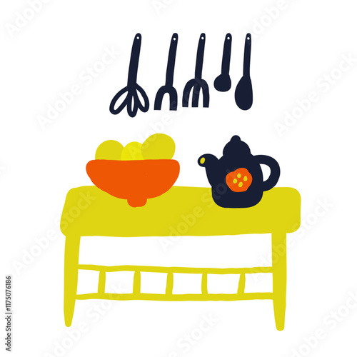 Kitchen room interior objects set. Cute hand drawn doodle house furniture inside items, table, dish, fruits, kettle, tea pot, stirrer, spatula, whisk, spoon. Modern flat apartment elements