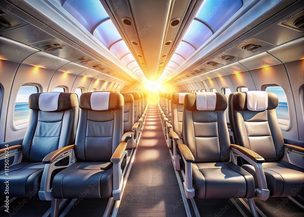 Pristine Airplane Cabin: Empty Seats, Gleaming Interior, Modern Aircraft Pristine Airplane Cabin: Empty Seats, Gleaming Interior, Modern Aircraft