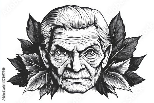 Elderly Woman with Detailed Wrinkles and Expressive Eyes - A detailed line art portrait of an elderly woman, her face etched with the wisdom of years, framed by lush foliage, symbolizing time, resilie photo