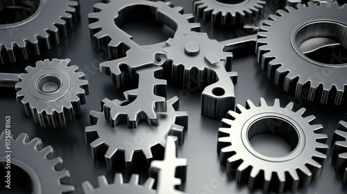A collection of metallic gears arranged on a surface, symbolizing machinery and mechanics.