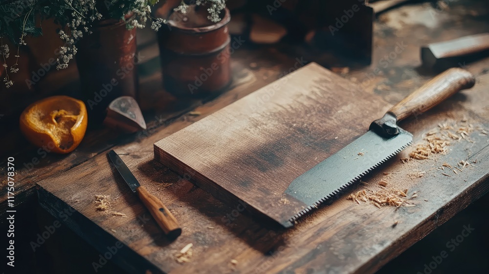 Woodworking tools rest on a rustic wooden workbench Woodworking tools rest on a rustic wooden workbench