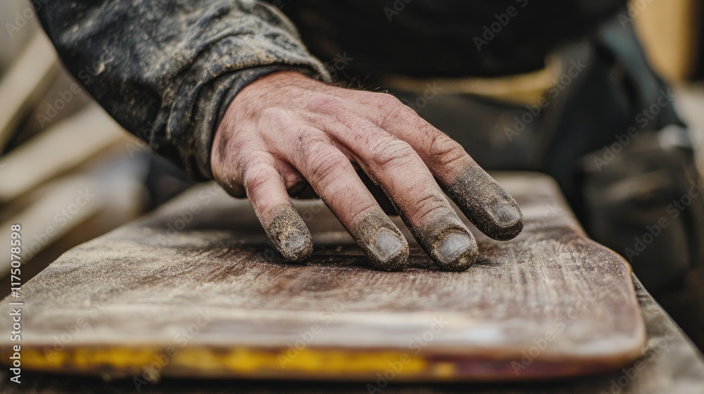 A dust covered hand rests on a wooden surface A dust covered hand rests on a wooden surface