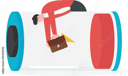 Businessman Fainting on Low Energy Battery. Burnout Syndrome Concept.

