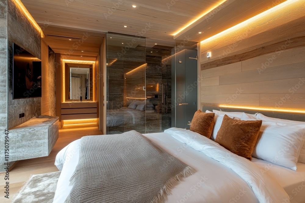 Fototapeta premium Luxurious bedroom, wood walls, warm lighting, comfortable bed.