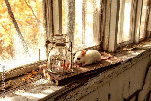 A curious white mouse investigates a vintage lantern placed on a wooden surface, encapsulating the charm of a nostalgic and cozy setting bathed in natural light. photo