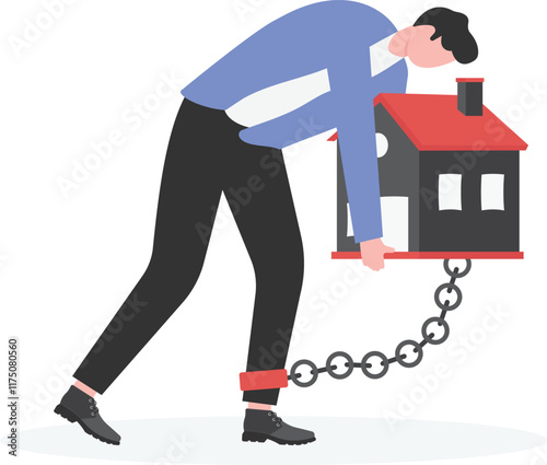 An illustration of a man burdened by a debt ball while carrying a house on his back, symbolizing financial struggles, mortgage debt, and the weight of living expenses.
