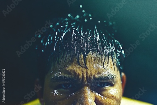 A young man with wet hair and an intense expression embodies resilience and power, capturing the journey of a fighter and the emotional essence of sports and challenge. photo