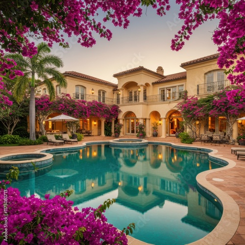 Wallpaper Mural Luxurious Mediterranean villa, expansive pool, vibrant bougainvillea flowers, warm evening light, ornate architecture, curved pool edges, lush landscaping, tranquil water reflection, elegant outdoor l Torontodigital.ca