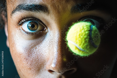 A close-up portrays intense focus as a tennis ball hovers near the eye of an athlete, showcasing determination and athletic prowess in sports photography.