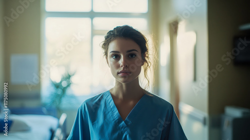 A contemplative woman in a hospital gown stands quietly in a softly lit room filled with medical equipment reflecting a moment of vulnerability and introspection in a healthcare setting photo