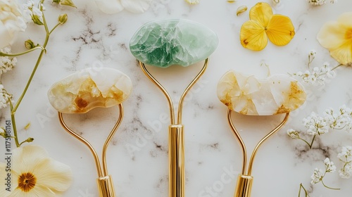 Three gemstone facial rollers on marble background with flowers. photo