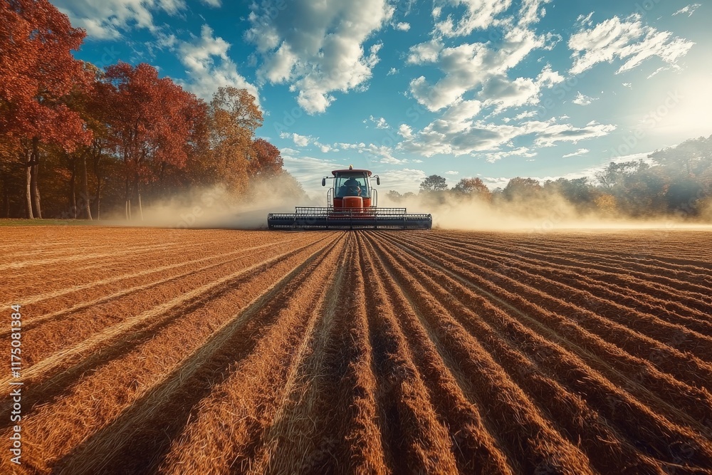 Obraz premium A powerful tractor working diligently in a golden harvest field, capturing the essence of agriculture, hard work, and seasonal change under a dramatic sky.