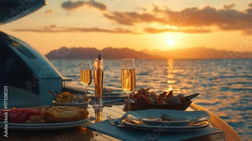 Fototapeta Naklejka Na Ścianę i Meble -  Luxurious yacht dining with champagne and gourmet food at sunset on the open sea, perfect luxury lifestyle and travel concept.