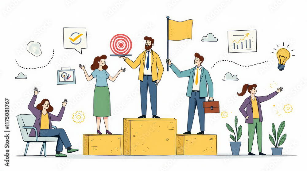 Business Celebration Scene with Central Man in Sketch Style Business Celebration Scene with Central Man in Sketch Style