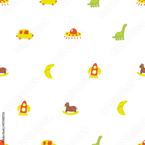 Kids room interior seamless pattern. Cute hand drawn doodle house children, nursery repeatable pattern with rocket, ufo, transport, space ship, horse, car, taxi, moon. Modern baby background