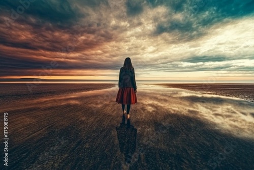 A lone figure strides along a reflective shoreline at sunset, emphasizing themes of solitude and reflection amidst a breathtaking landscape highlighted by dramatic clouds and vivid colors. photo