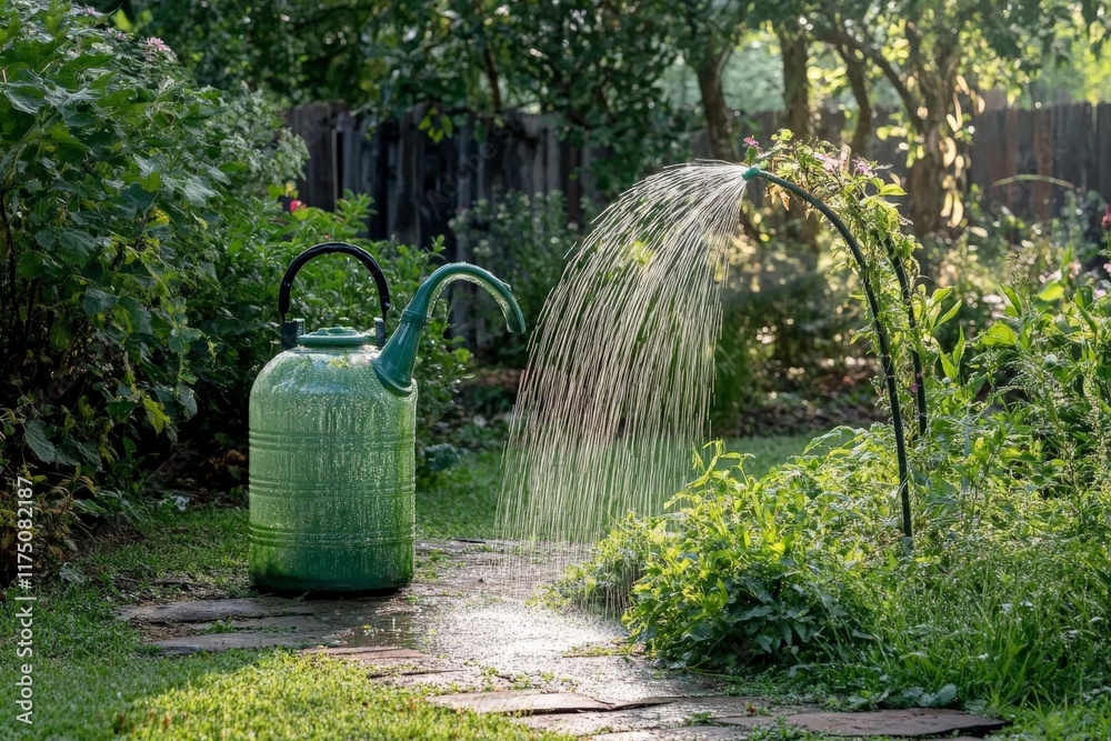 A vibrant garden scene featuring a green watering can and a gentle spray of water, illustrating the beauty of nature and the joy of gardening. Perfect for nature lovers. A vibrant garden scene featuring a green watering can and a gentle spray of water, illustrating the beauty of nature and the joy of gardening. Perfect for nature lovers.