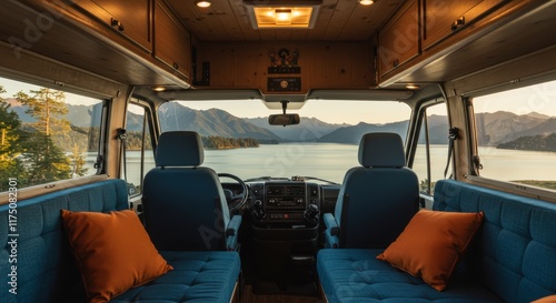 Interior of camper van, cozy living space, blue upholstered seats, orange throw pillows, wooden cabinets, dashboard view, windshield vista, scenic landscape, sunset lighting, warm ambiance, travel adv