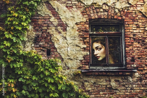 A hauntingly beautiful portrait of a young woman gazing from a weathered brick window, surrounded by vines, representing both nostalgia and the passage of time in urban decay. photo