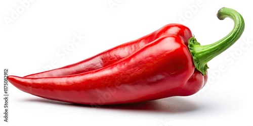 Spicy red chili pepper, sharply detailed, cut out against a pure white background.  Food photography at its finest.